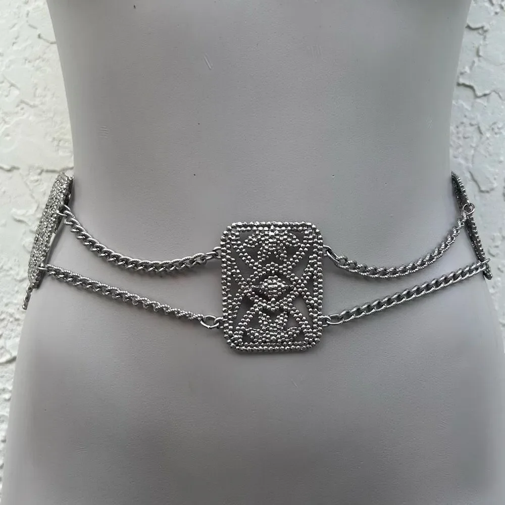 Vintage Stamped Steel Panel And Chain Fashion Belt Women's 30